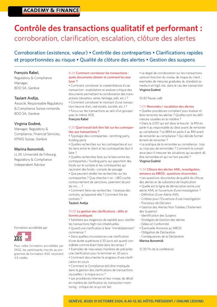 AF 1372 Contrôle des transactions qualitatif et performant – Genève 31 octobre 2024