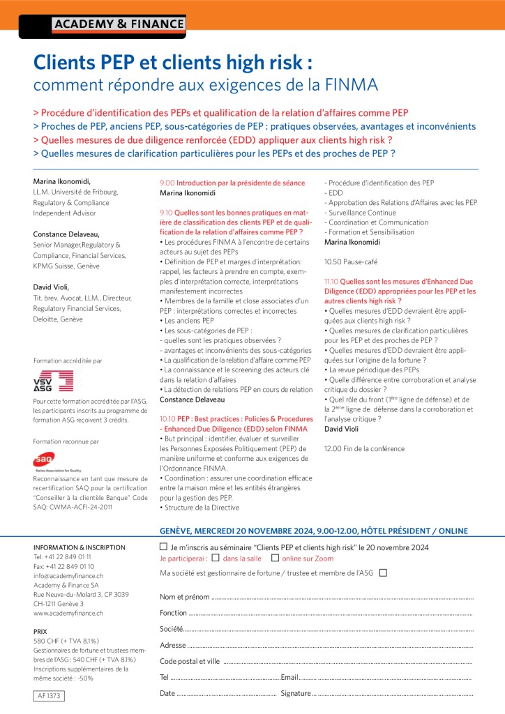AF 1373 PEP et clients high risk – Genève 20 novembre 2024 2