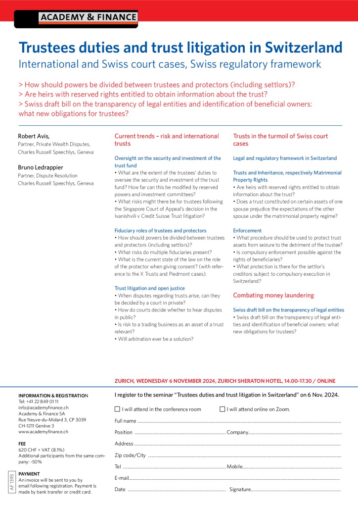 AF 1395 Trustees duties and trust litigation in Switzerland – Zurich 6 November 2024