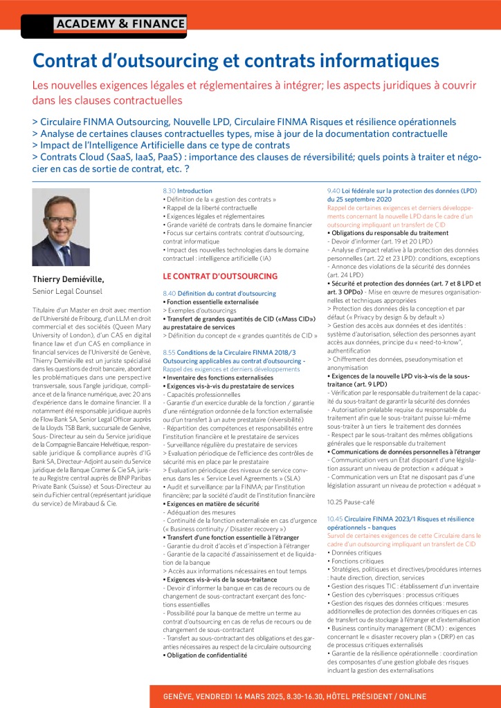 AF 1397 Contrat d’outsourcing et contrats informatiques – Genève 14 mars 2025