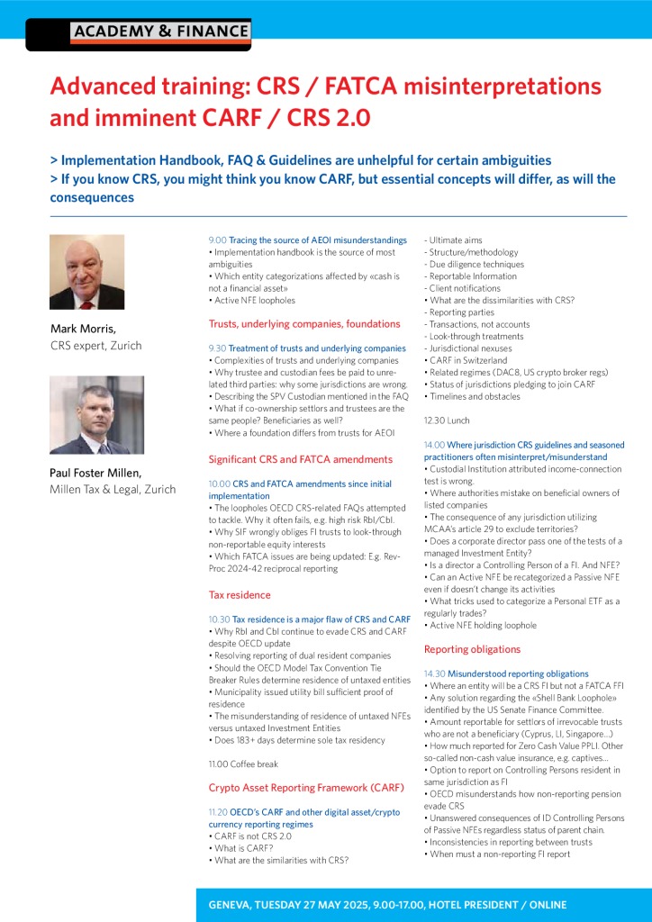 AF 1400 CRS FATCA misinterpretations and imminent CARF CRS 2.0 – Geneva 27 May 2025