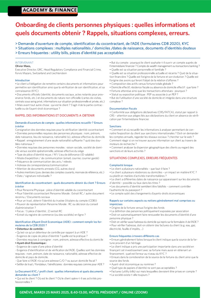 AF 1411 Onboarding de clients personnes physiques – Genève 25 mars 2025