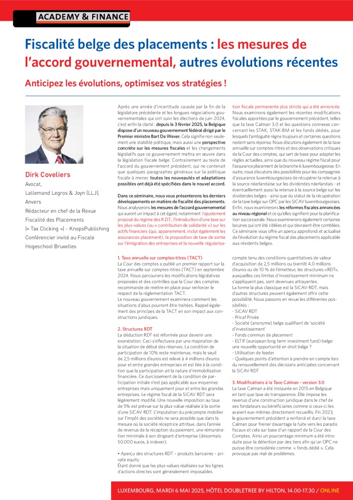 AF 1413 Fiscalité belge des placements – Luxembourg 6 mai 2025