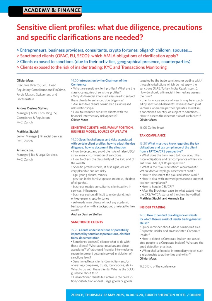 AF 1415 AML obligations and sensitive client profiles – Zurich 22 May 2025