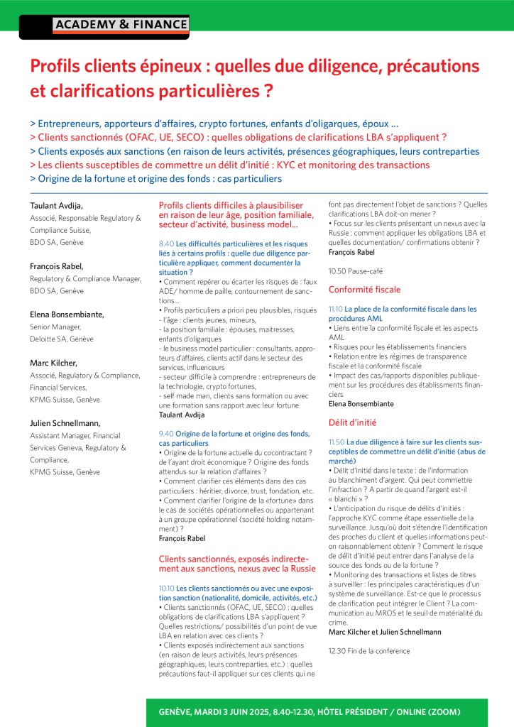 AF 1416 AML clients sensibles – Genève 3 juin 2025