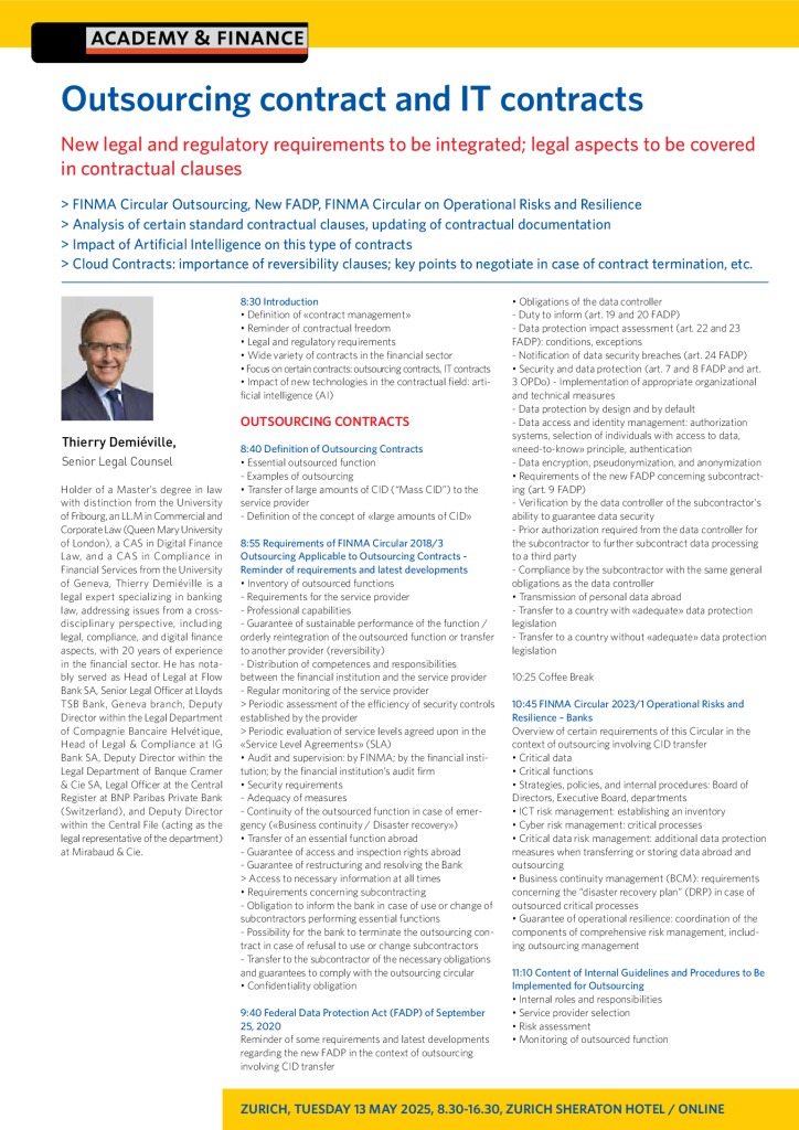 AF 1421 Contrat outsourcing et contrats informatiques – Zurich 13 May 2025