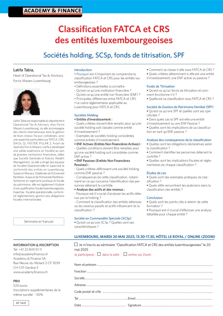 AF 1422 Classification FATCA et CRS des entités luxembourgeoises – Luxembourg 20 mai 2025 2
