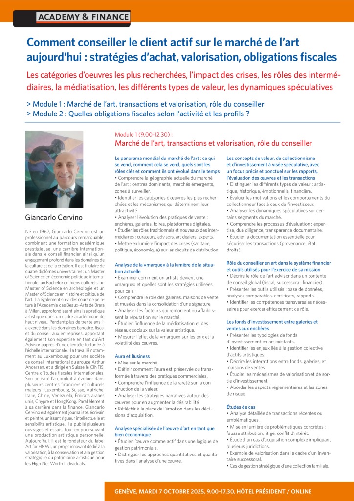 AF 1430 Conseiller le client actif sur le marché de l’art aujourd’hui – Genève 7 octobre 2025 2