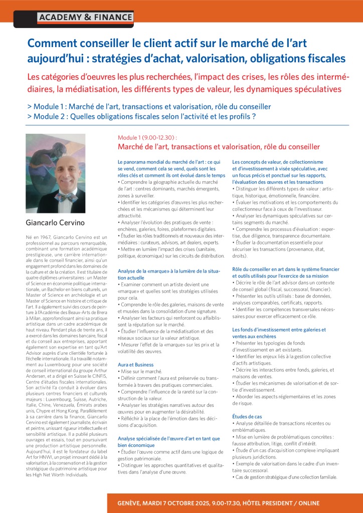AF 1430 Conseiller le client actif sur le marché de l’art aujourd’hui – Genève 7 octobre 2025 2