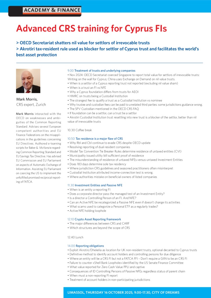 AF 1433 Advanced CRS training for Cyprus FIs – Limassol 16 October 2025