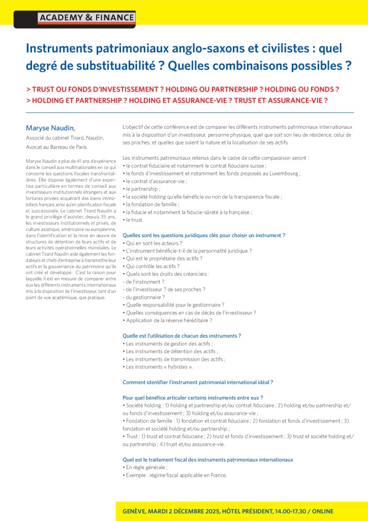 AF 1396 Instruments patrimoniaux anglo-saxons et civilistes – Genève 2 décembre 2025