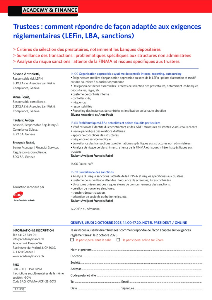 AF 1438 Trustees comment répondre de façon adaptée aux exigences réglementaires – Genève 2 octobre 2025 3