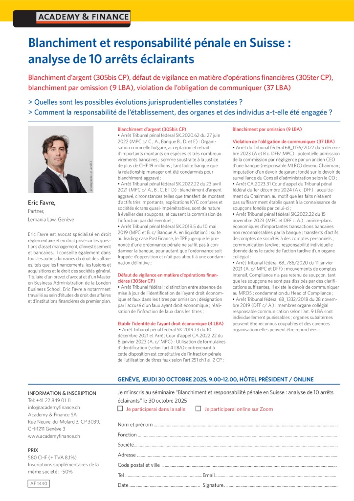 AF 1440 Infractions de blanchiment – Genève 30 octobre 2025