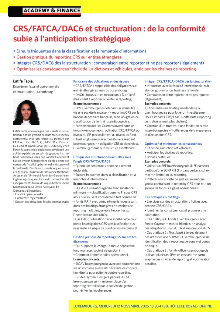 AF 1443 CRS FATCA DAC6 et structuration – Luxembourg 12 novembre 2025