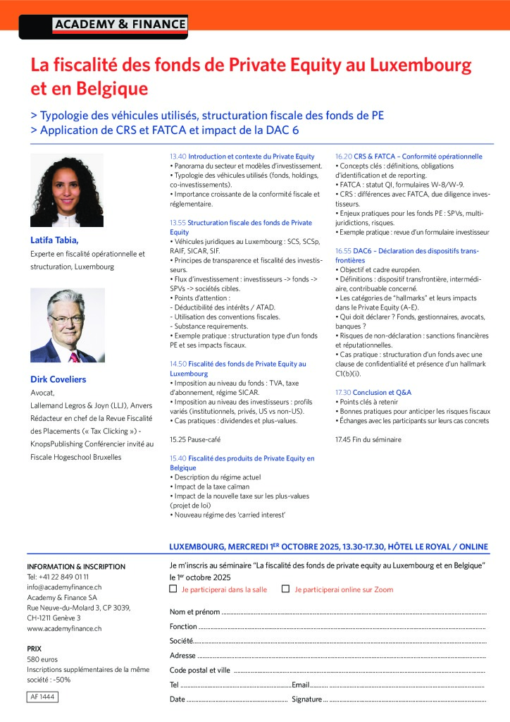 AF 1444 Fiscalité de fonds de Private equity au Luxembourg et en Belgique – Luxembourg 1er octobre 2025