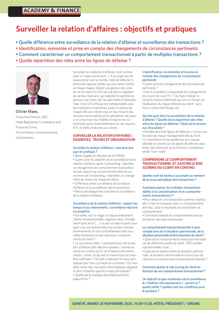AF 1446 Surveiller la relation d’affaires – Genève 25 novembre 2025