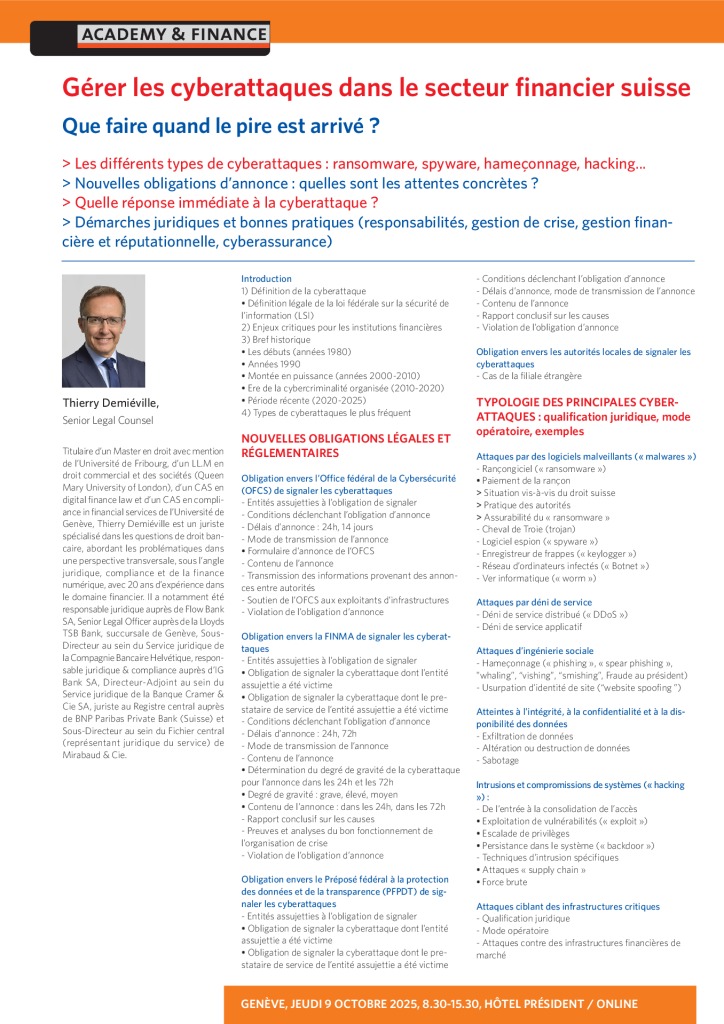 AF 1453 Gérer les cyberattaques dans le secteur financier suisse – Genève 9 octobre 2025