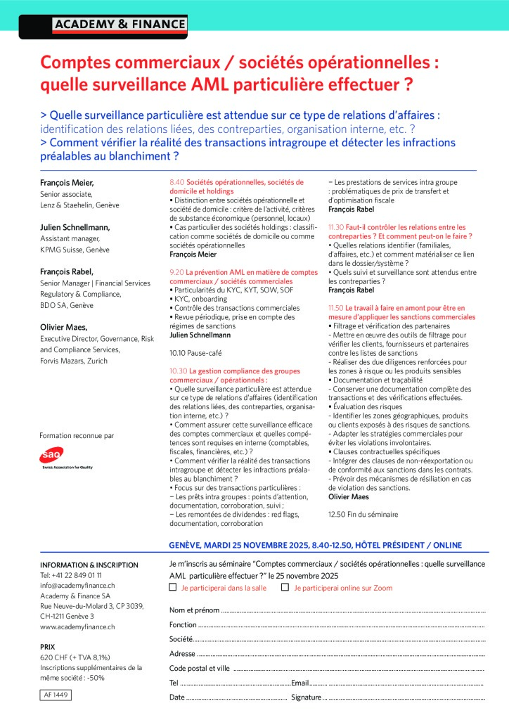 AF 1449 Comptes commerciaux, sociétés opérationnelles et surveilllance AML – Genève 25 novembre 2025 2