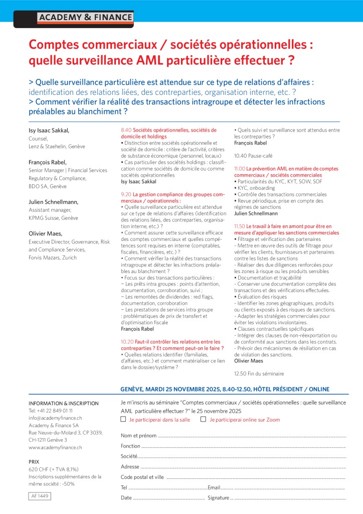 AF 1449 Comptes commerciaux, sociétés opérationnelles et surveilllance AML – Genève 25 novembre 2025