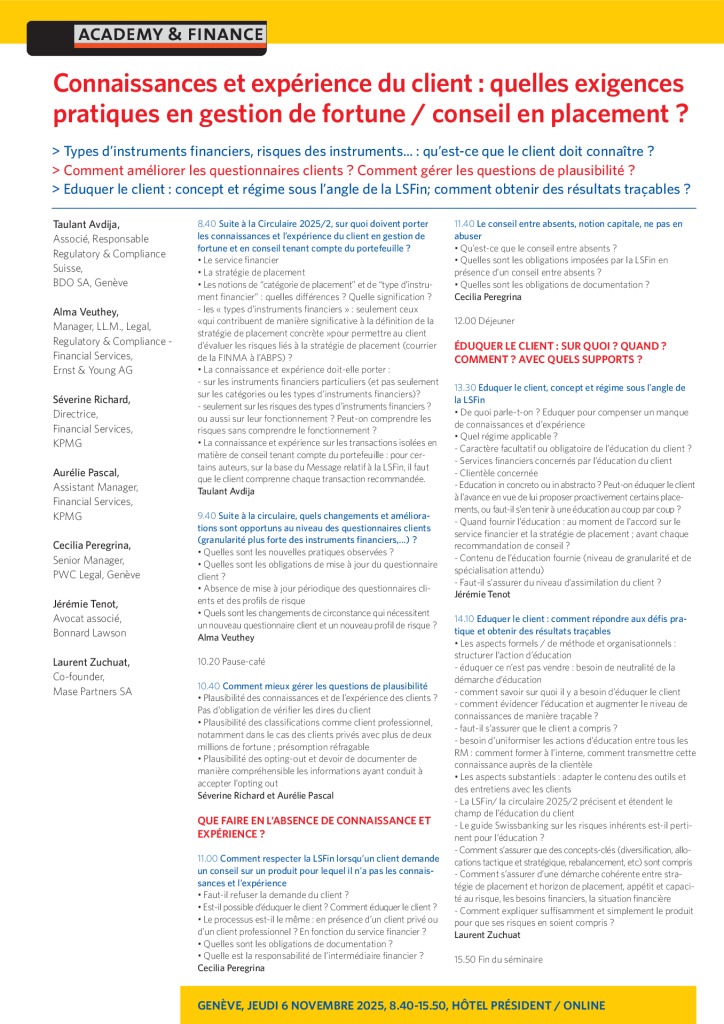 AF 1450 Connaissances et expérience du client – exigences pratiques en gestion de fortune et conseil en placement – Genève 6 novembre 2025 3