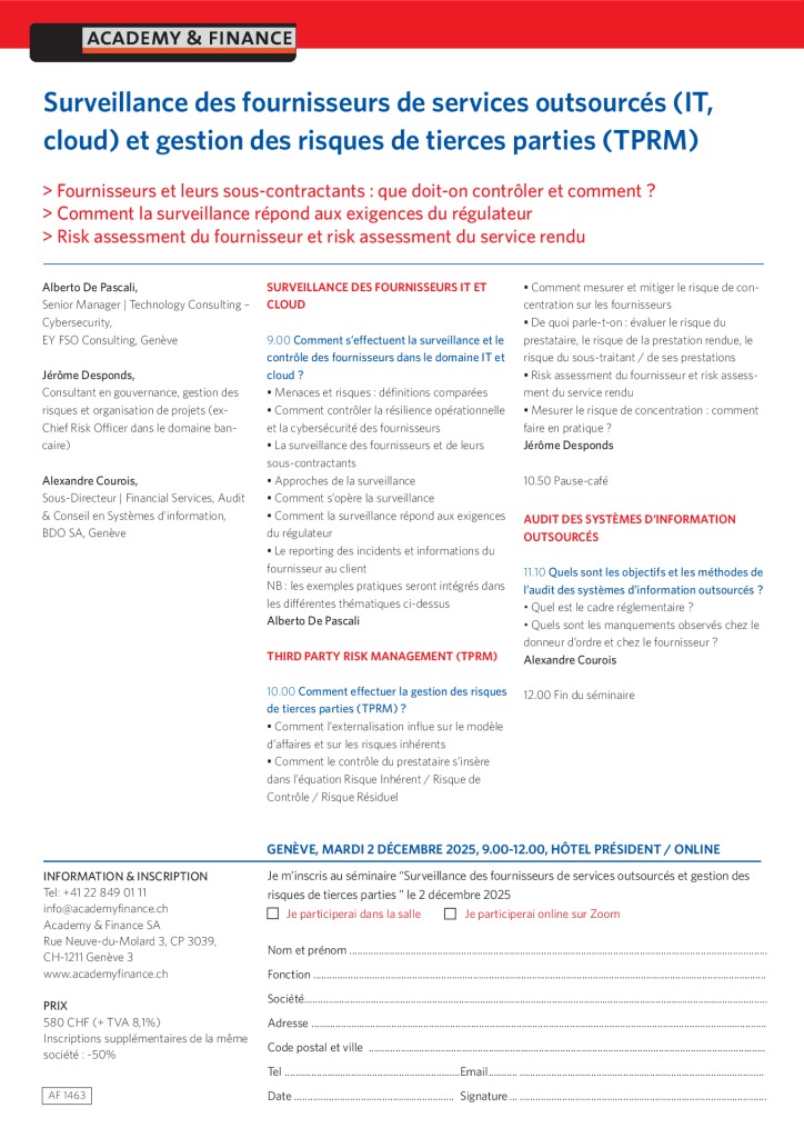 AF 1463 Surveillance des fournisseurs de services outsourcés – Genève 2 décembre 2025