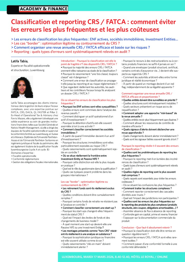 AF 1468 Classification et reporting FATCA et CRS – Luxembourg 17 mars 2026