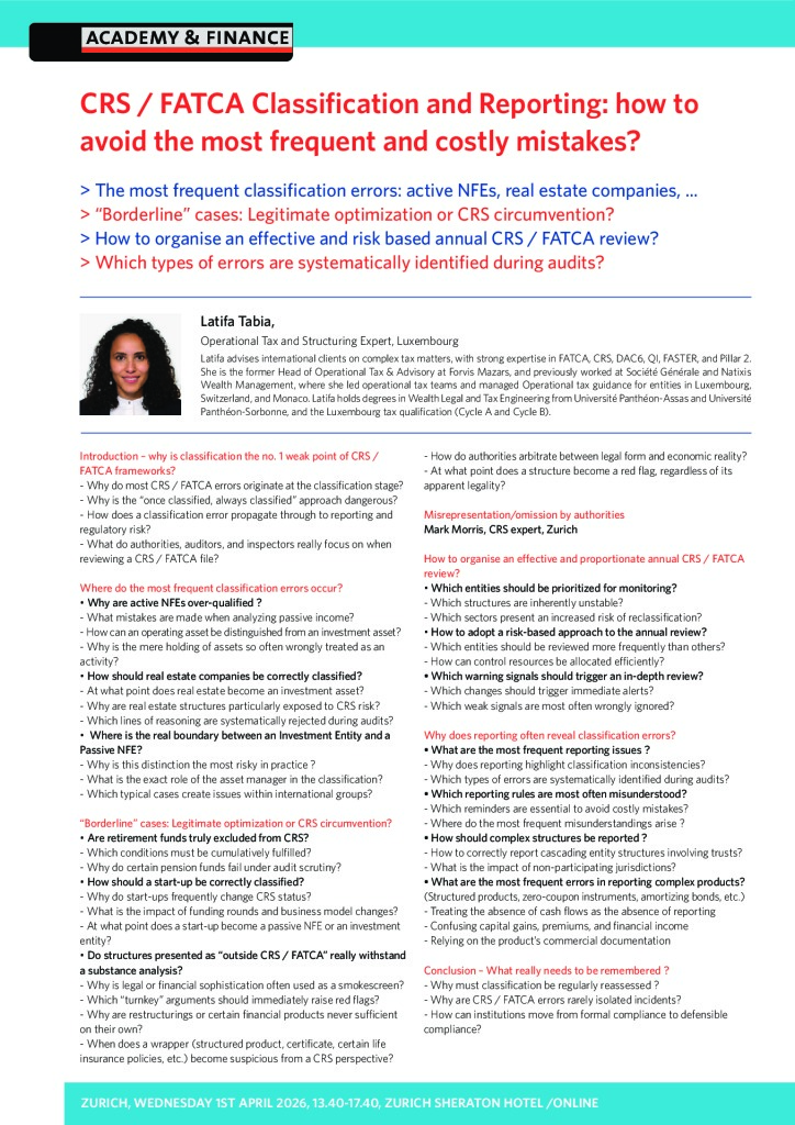 AF 1469 CRS FATCA classification – Zurich 1 April 2026