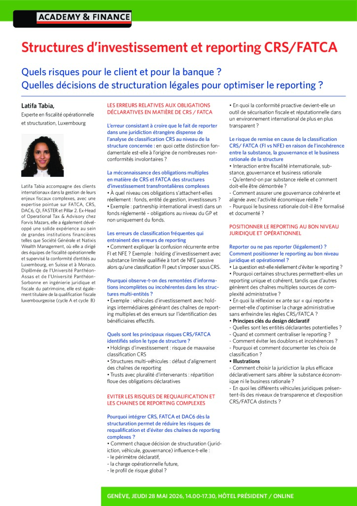 AF 1478 Structures d’investissement et reporting CRS FATCA – Genève 28 mai 2026