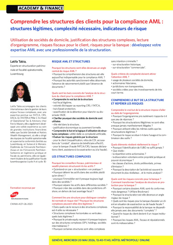 AF 1483 Comprendre les structures des clients pour la compliance AML – Genève 20 mai 2026 2