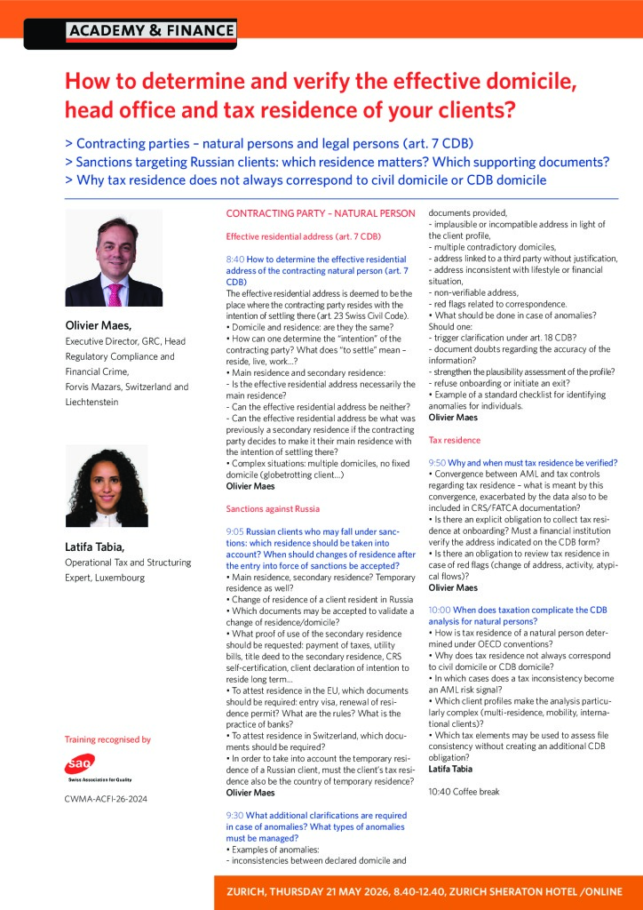 AF 1487 Domicile head office and tax residence – Zurich 21 May 2026