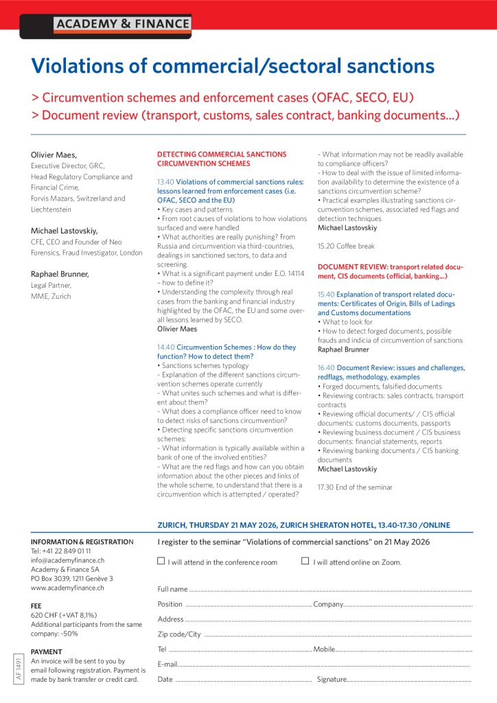 AF 1491 Violations of commercial sanctions – Zurich 21 May 2026