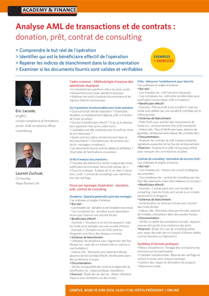 AF 1500 Analyse AML transactions contrats – Genève 18 juin 2026