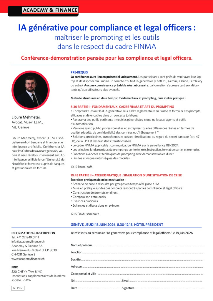 AF 1507 IA générative pour compliance et legal officers – Genève 18 juin 2026